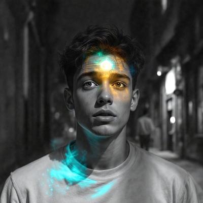 The primary subject of the image is a young man with a beard, who is looking up at the camera. He is wearing a white shirt and has a blue aura surrounding him. The setting is a dark alley, and the visual style appears to be a combination of a photo and digital art. The colors and mood of the image are predominantly dark, with the blue aura adding a touch of brightness to the scene.